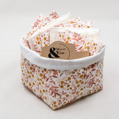 Pack de 8 lingettes démaquillantes avec petit panier réversible coloris Fleuri