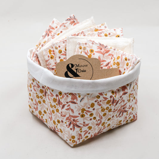 Pack de 8 lingettes démaquillantes avec petit panier réversible coloris Fleuri