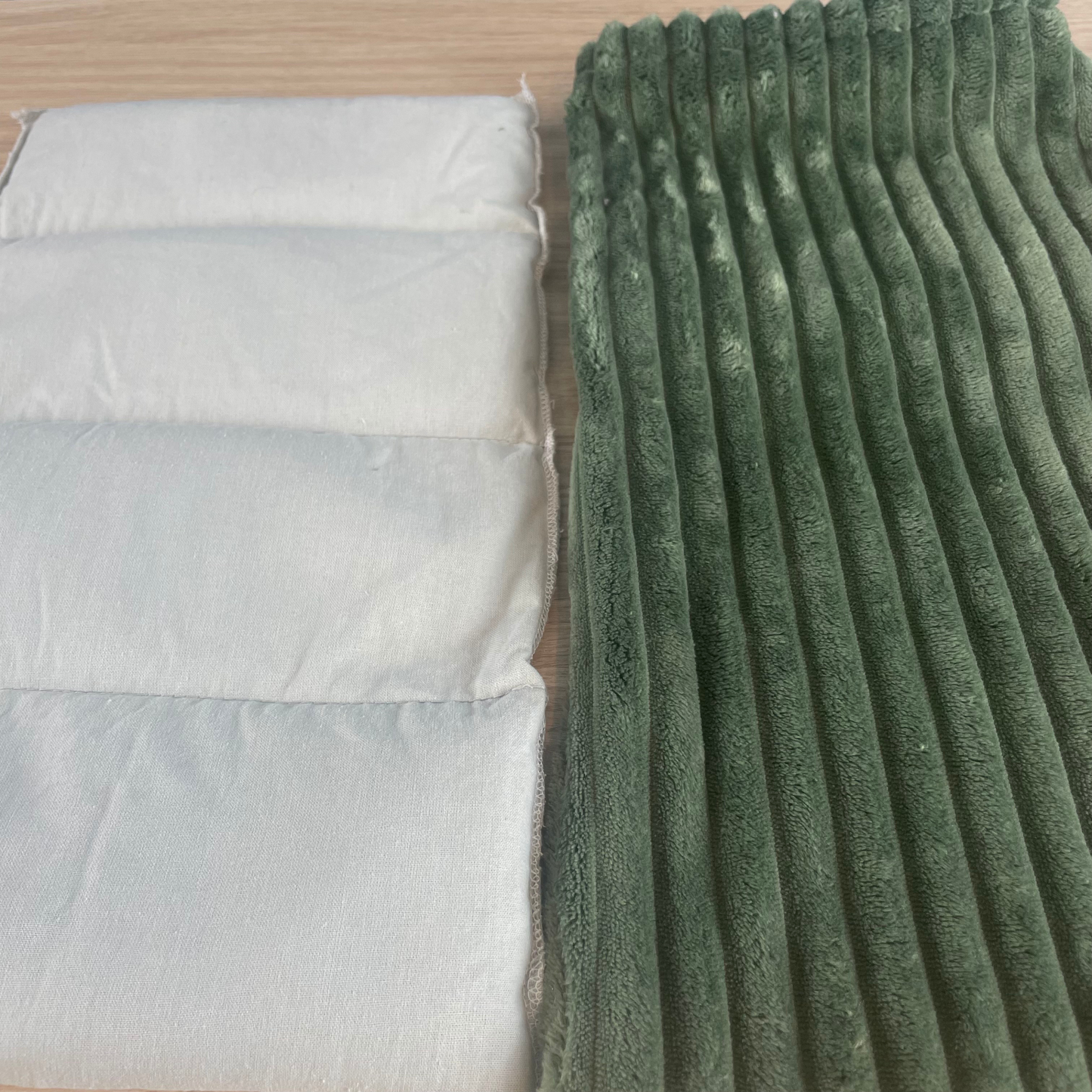 💚 Bouillotte sèche en graine de lin – Lombaire • Doudou verte
